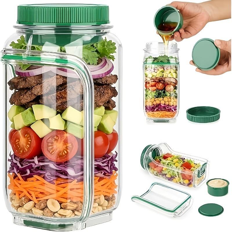 Tragbares Salatglas mit seitlichem Dressingbecher und sicherem Verschluss. Wird mit einem Löffel geliefert, ideal für Mahlzeiten unterwegs.