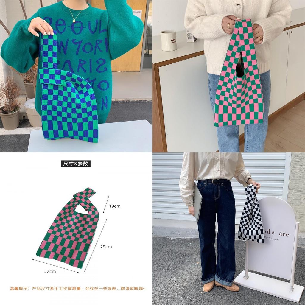 Stylish And Versatile Knitted Checkered Tote Bag With Large Capacity For Daily Use