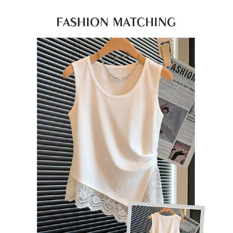 New Summer Women's Clothing with Irregular Design Lace French Sleeveless Tank Top T-Shirt