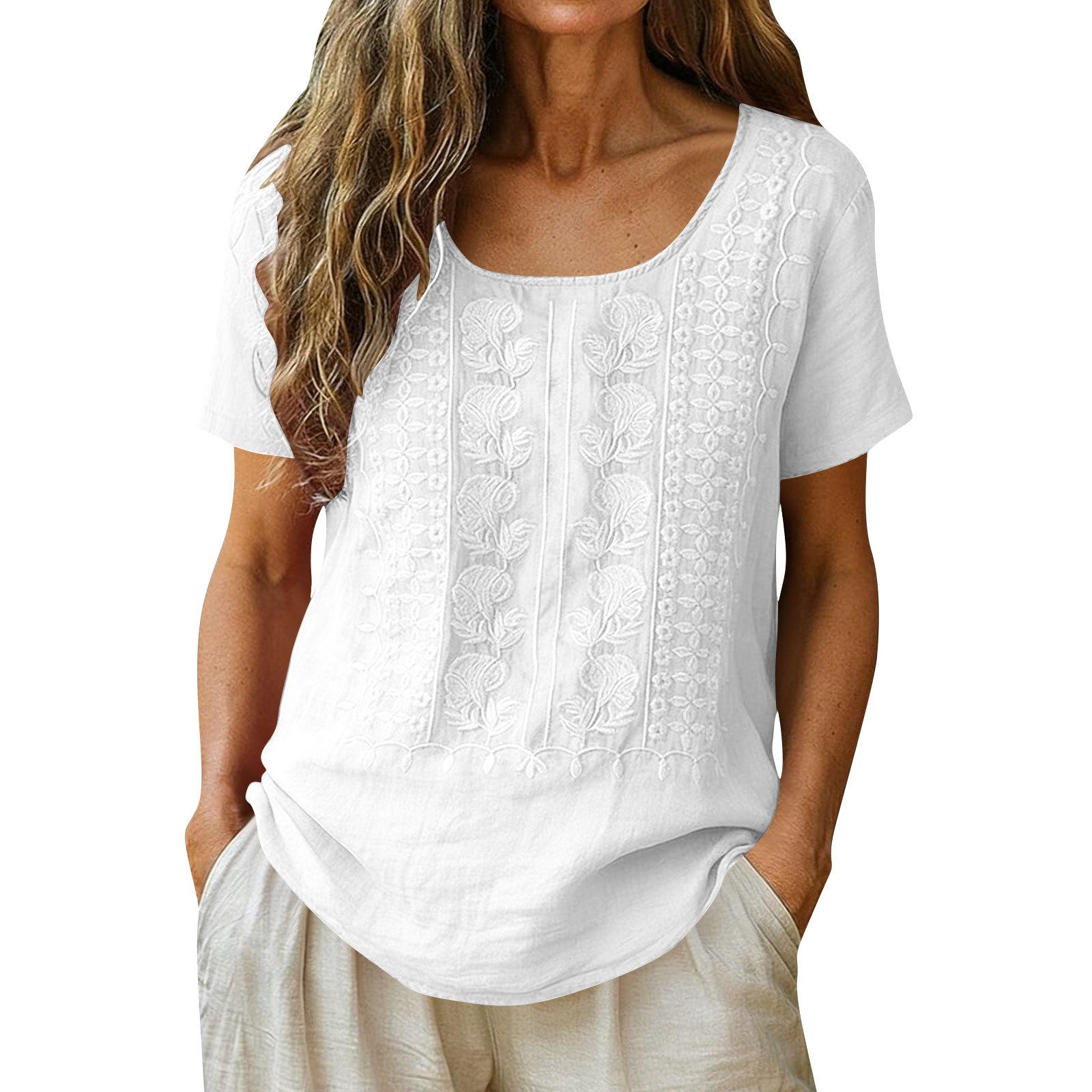 Women Solid Short Sleeve Round Neck Embroidered Cotton Linen Loose Top S