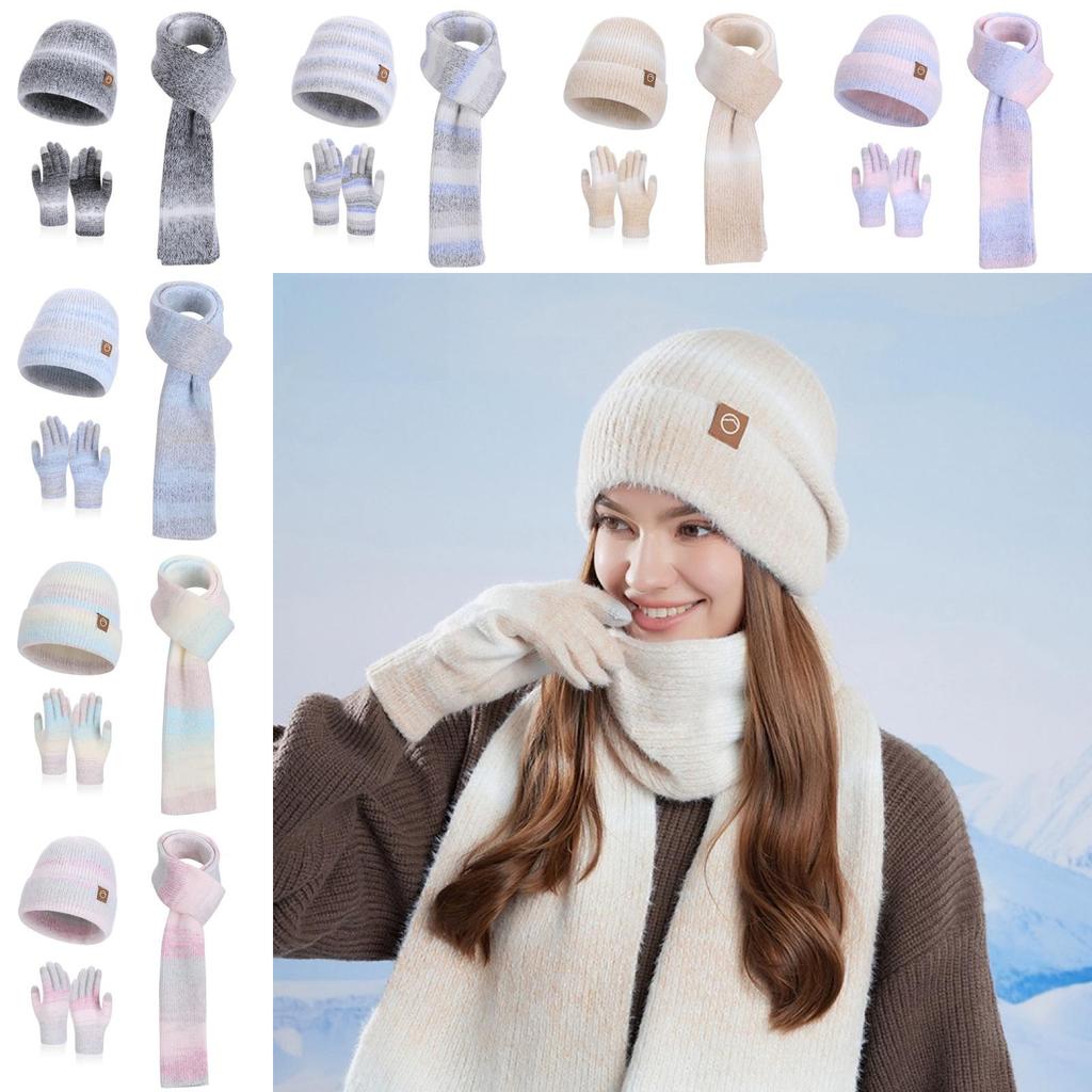 Knitted Hat Scarf Gloves Threepiece Winter Warmth Set For Ladies With Wind Resistance