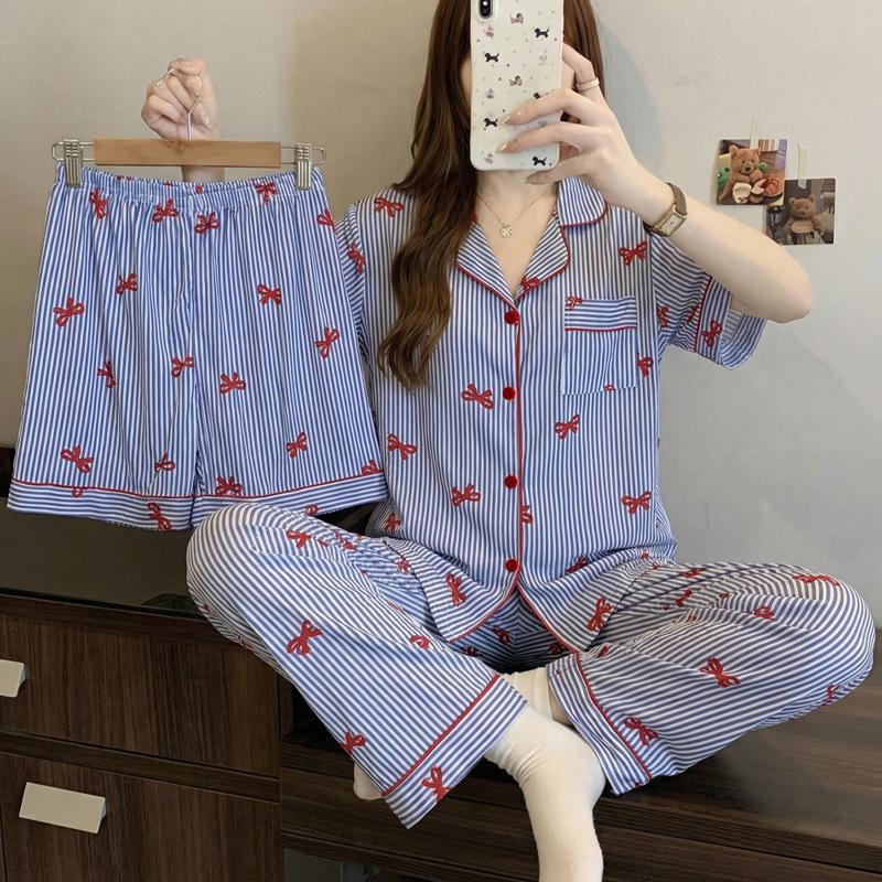 Women's Summer High-Quality Crinkle Fabric Heart Pajama Set - Short Sleeve Three-Piece Loungewear for Indoors or Outdoors