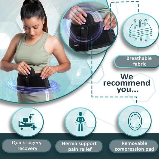 Wonder Care Polyester, Umbilical Black Hernia Belt Pain Relief Support Brace With 1 Removable Compression Pad For Men & Women (Xxl)