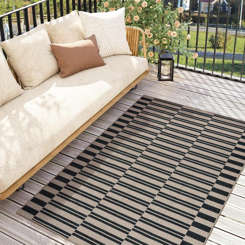 Indoor/Outdoor Rug - Black & Beige Checks/Stripes - Weather - Resistant, Non - Slip - Patio/Living Room Decor - HomeDecor
