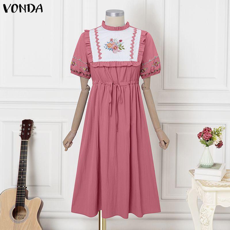 VONDA Vintage Women Stand Neck Short Sleeve Embroidery Patchwork Long Dress