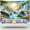 Nature Landscape Wall Tapestry Waterfall And Deer Art Sunny Forest Design Boho Decor For Living Room And Bedroom