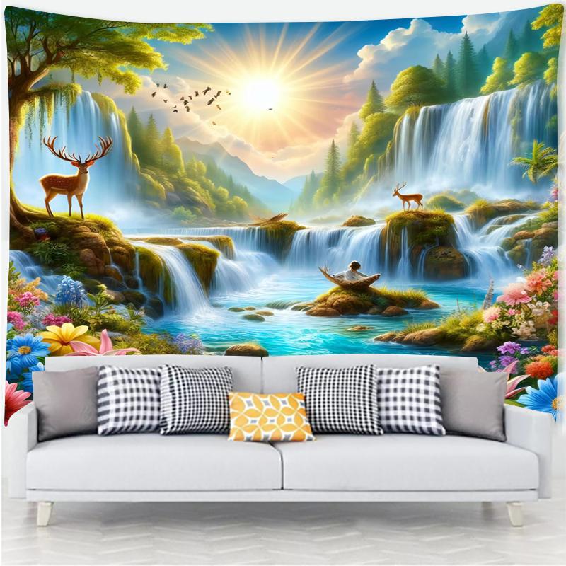 Nature Landscape Wall Tapestry Waterfall And Deer Art Sunny Forest Design Boho Decor For Living Room And Bedroom