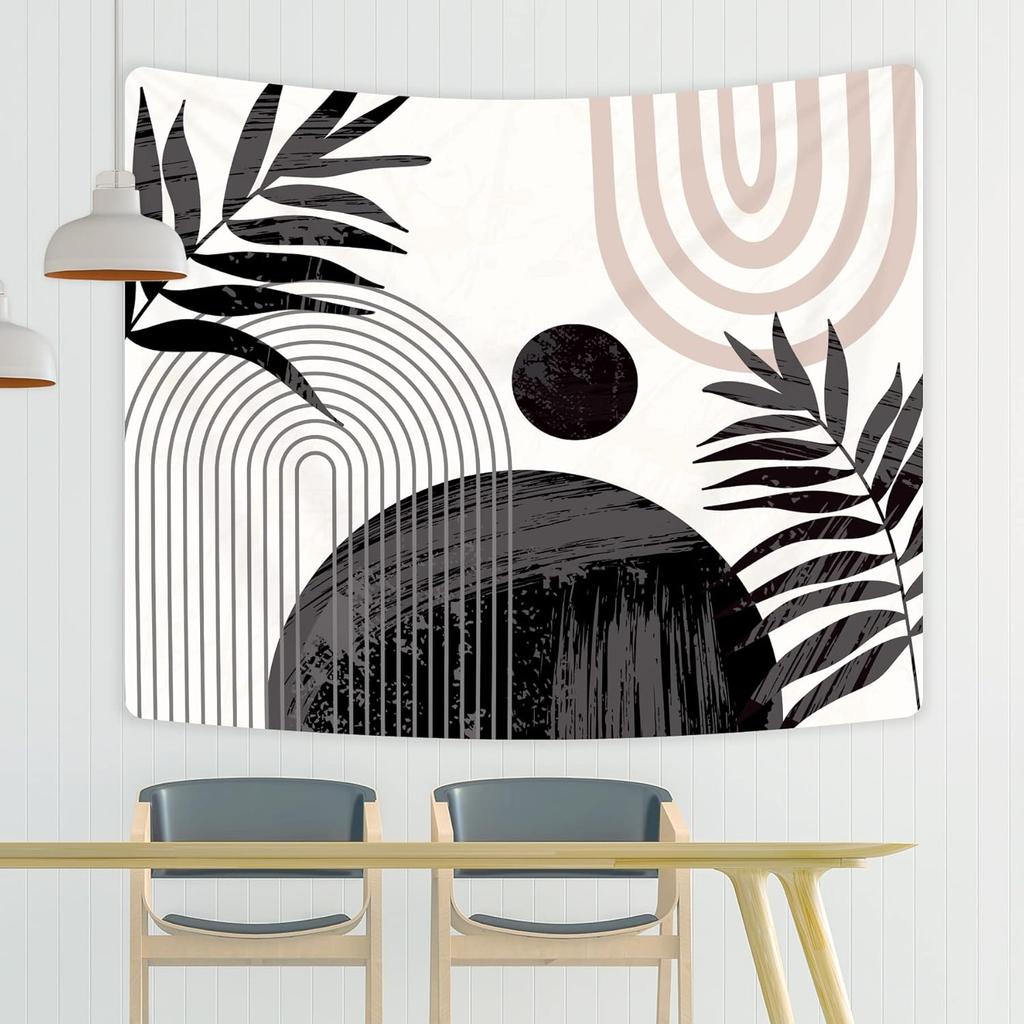 Abstract Black Boho Mid Century Tapestry Modern Aesthetic Minimalist Wall Hanging Sun Leaves Pink Arch Neutral Contemporary