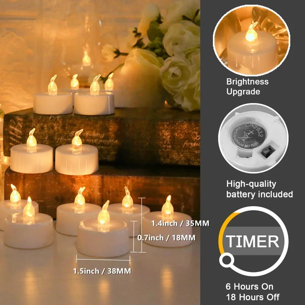 Flameless Flickering LED Tea Lights with Timer 6 Hours On & 18 Hours Off In 24Hours Cycle Automatically LED Votive Candles Light