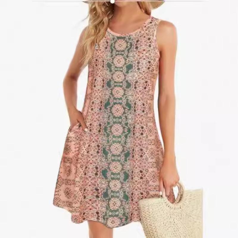 Sleeveless Dress Summer New Beach Hawaiian Print Loose Vest Skirt With Pockets