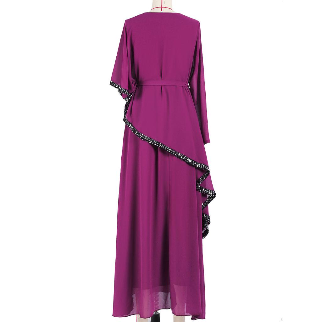 Muslim Dress Purple V-neck Double Layer Chiffon Sequins Irregular Slim Dress