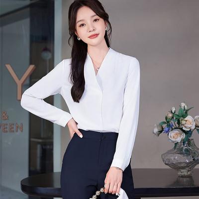 Damen V-Ausschnitt Langarm Weiß Professionelle Bluse