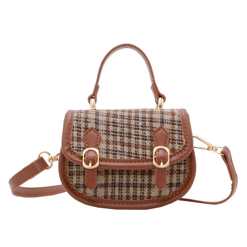Stylish Gender Neutral Plaid Woolen Mini Handheld Satchel For Children хаки