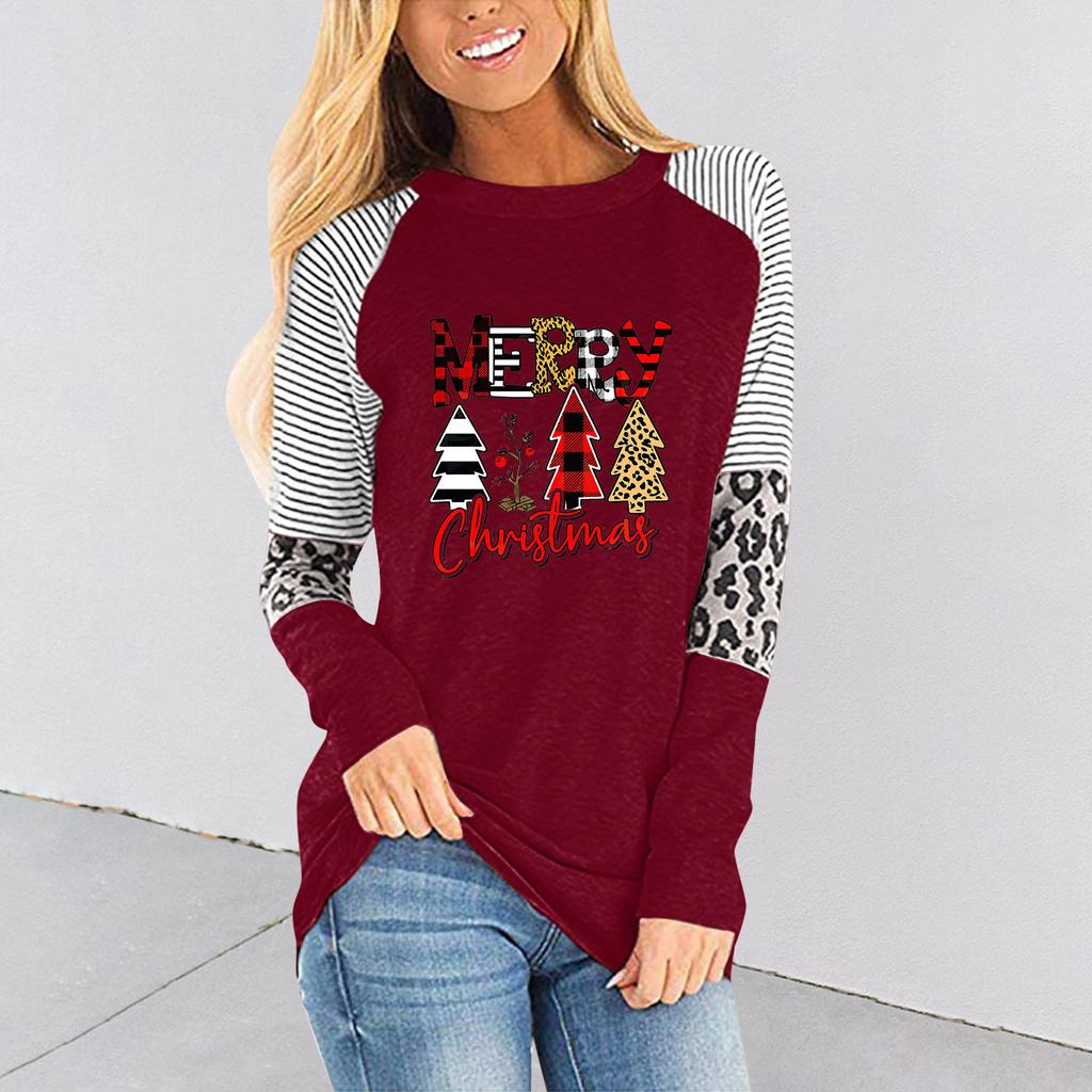 Women's Fashion Christmas Print Splicing Long Sleeve Round Neck Loose Tops
