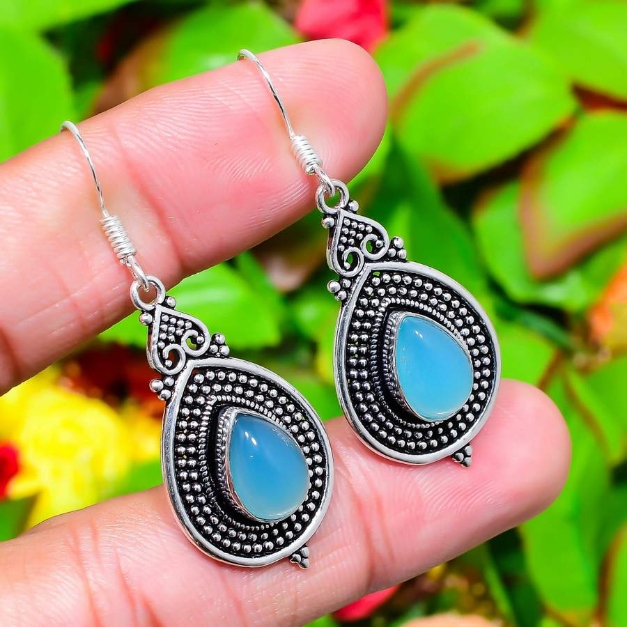 Natürlicher Aqua Chalcedon Edelstein 925 Sterling Silber Geschenk Ohrring 1,97" w3s84