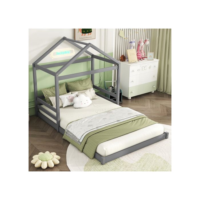 Pat de copil - MUVOE - 140 x 200 cm - Lemn masiv - Design în formă de casă - Gri