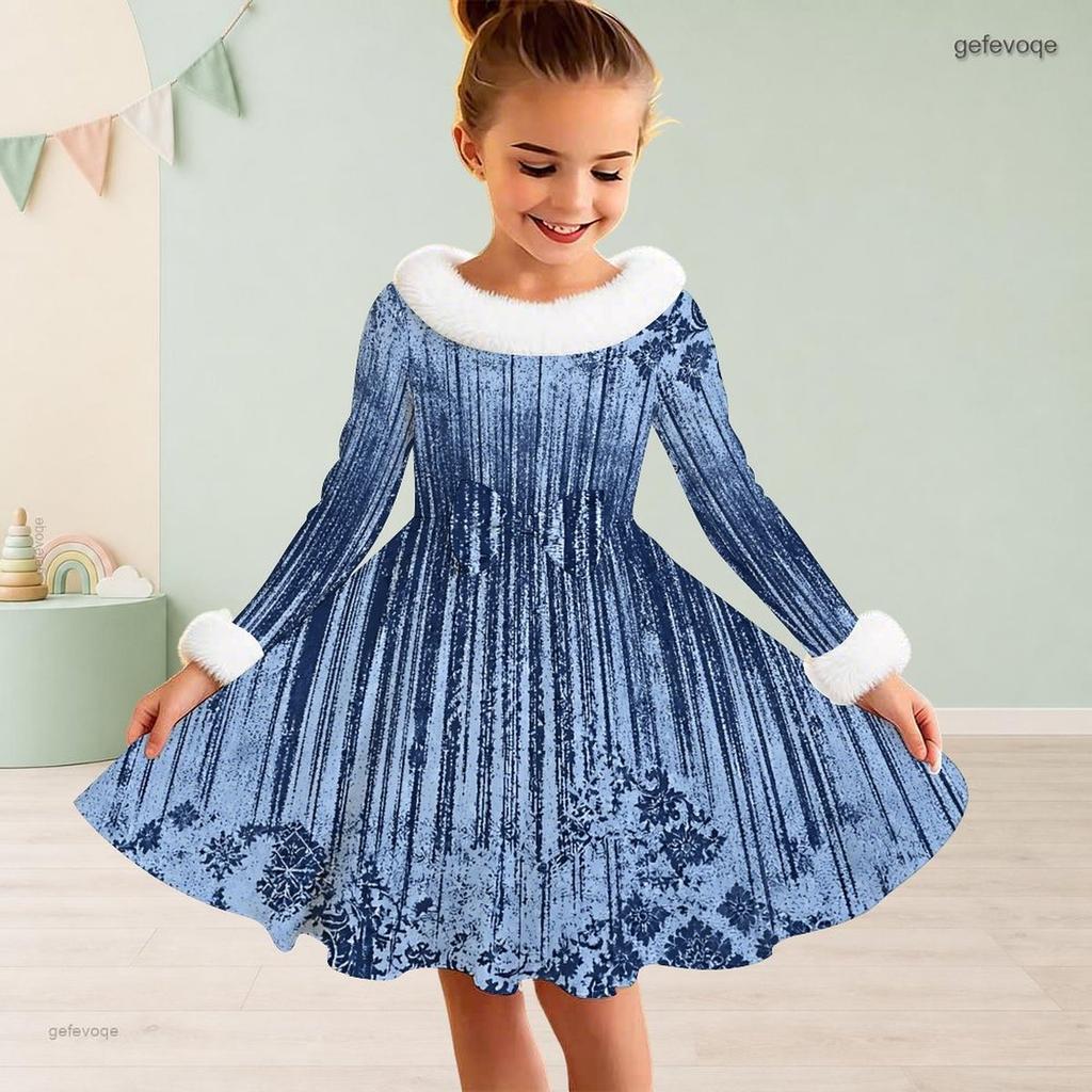 Girls Off White Printed Long Sleeve Fur Collar Bow A Line Flared Dress