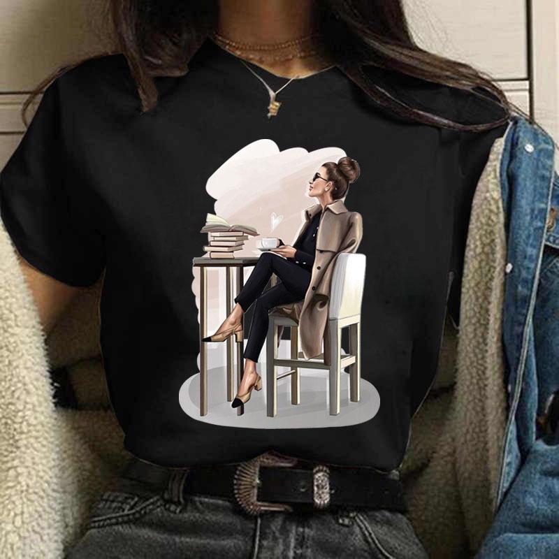 Summer Fashion Coffee Girl Urban Base Shirt Round Neck Pure Cotton Short Sleeved Women's T-Shirts Women’s