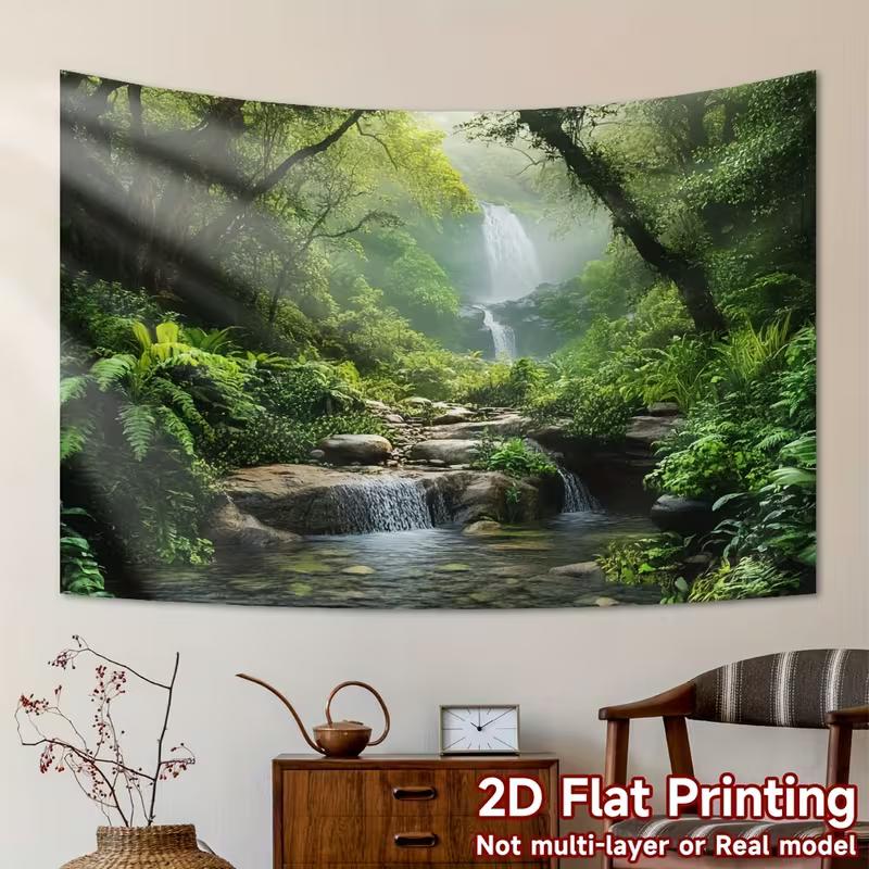 2D Lush Jungle Waterfall Tapestry Misty Stream Backdrop Cloth for Living Room