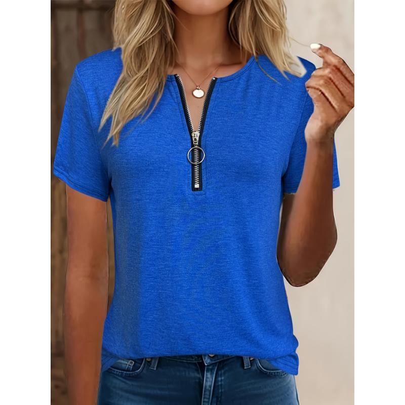 Women Elegant V-neck Zipper Detail Short Sleeved T-shirt for Spring, Summer, Autumn Casual Wear, Machine Washable