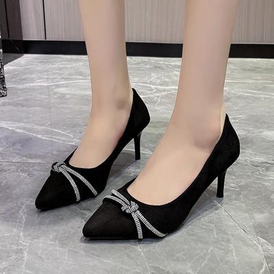 Fashion 2024 New Fashion Spring and Autumn Pointed Rhinestone Fine Heel Suede Shallow Mouth Casual Versatile Women's Single Shoe