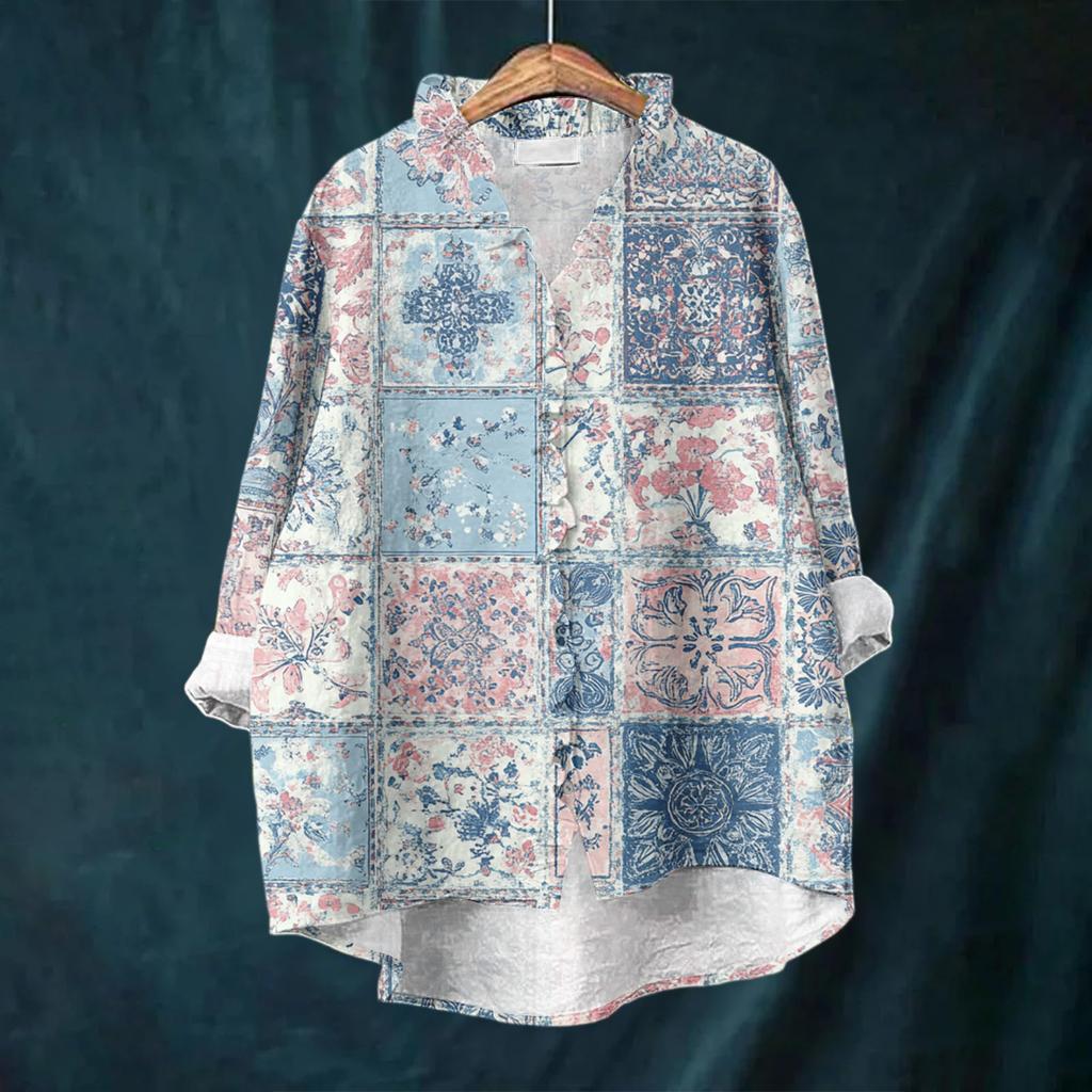 Women's Loose Ruffled Floral Print Stand Collar Long Sleeve Cotton And Linen Top