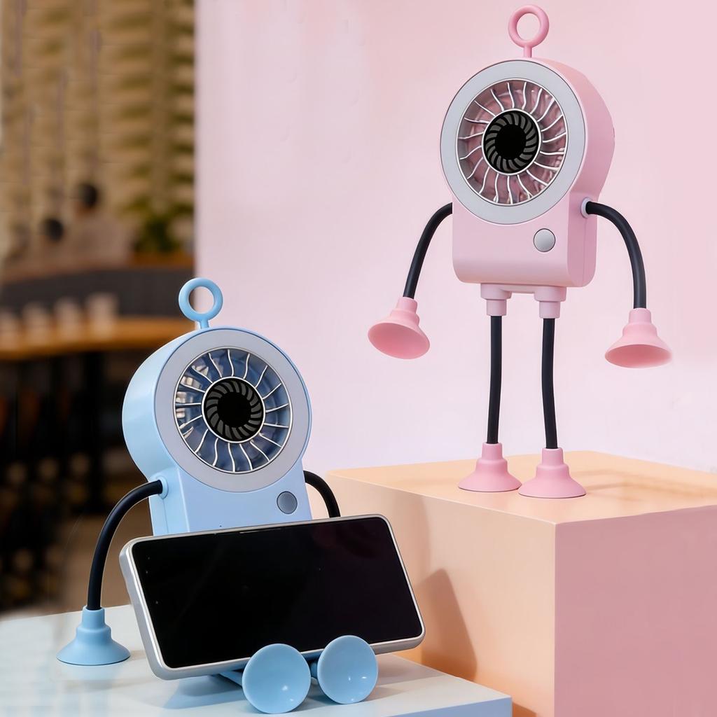 USB Cute Robot Mini Fan with Suckers&Phone Stand&Light Portable Foldable Blower 1200mAh Handheld Robot Fan for Office Desktop