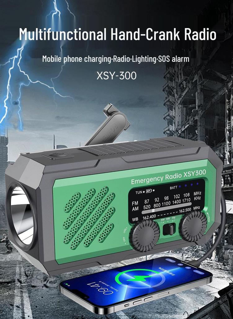 Portable Solar Hand-Crank Emergency Radio with USB Charging
