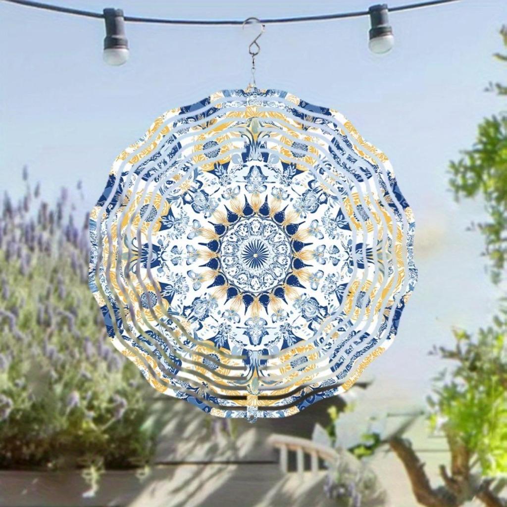 Blue and Golden Mandala Metal Wind Chime Handcrafted Outdoor Garden Decor with Intricate Floral Design Golden Accents Durable Wind Chimes