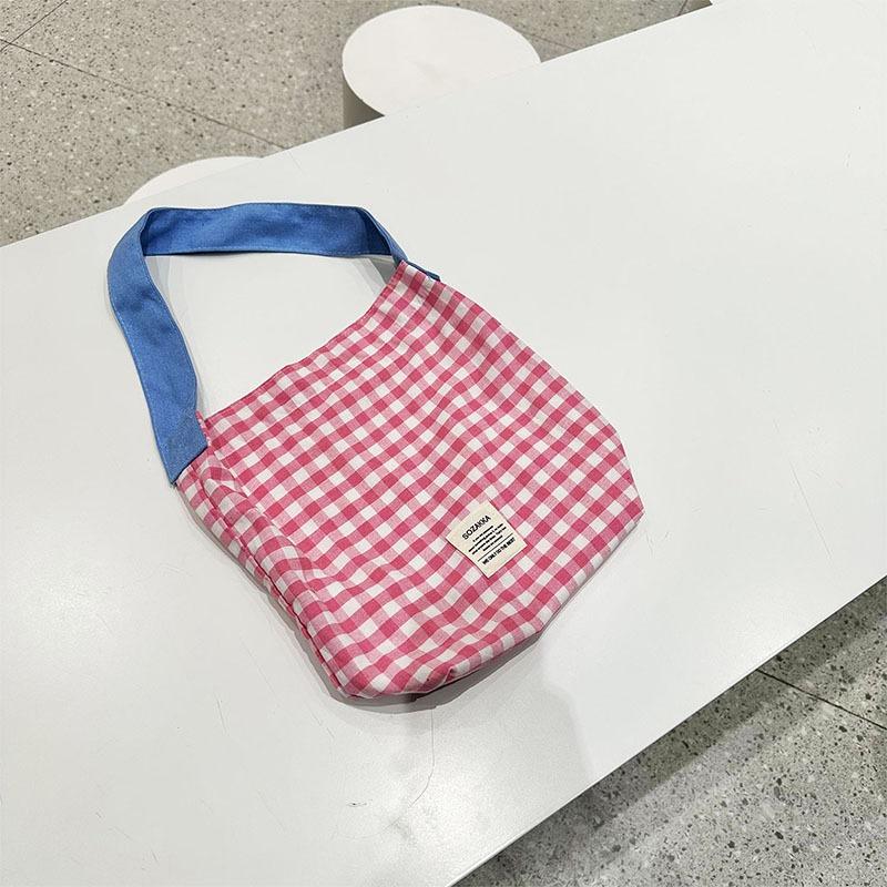 

сумка женская через плечо большой вместимости контрастного цвета клетчатая холщовая сумка повседневная простая сумка-тоут на плечо сумка для покупок розовый