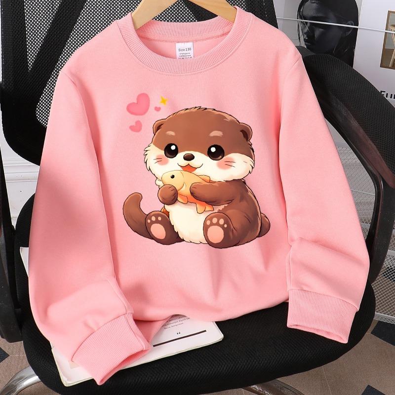 Kids Crew Neck Sweatshirt, Cute Otter Holding Fish Print, Soft Cozy Pullover for Autumn & Winter