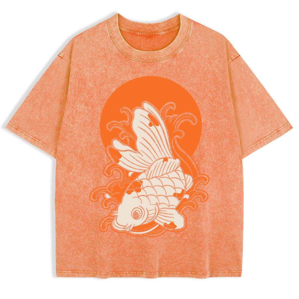 Japanese Koi Harajuku Printed Washed T-Shirts Mens Cotton Oversize T Shirt Summer O-Neck Short Sleeve Tops Casual Men Clothes