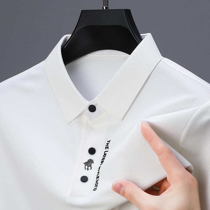 Ice Silk Embroidery Polo Shirt Summer Lapel Elasticity T-shirt Korean Fashion Short Sleeve Business Casual Men Clothing