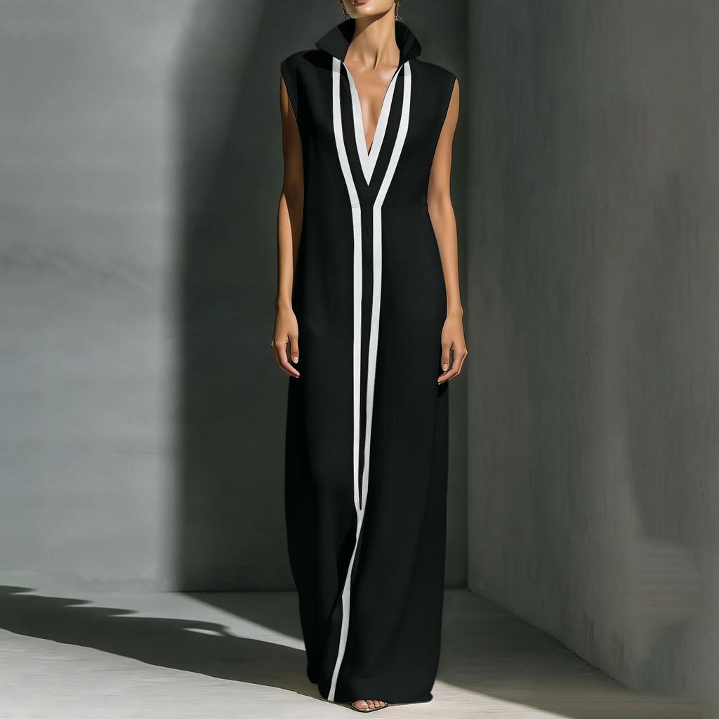 Sleeveless Maxi Dress with V Neck and Contrasting Trim Long Length Relaxed Fit for Casual or Formal Occasions