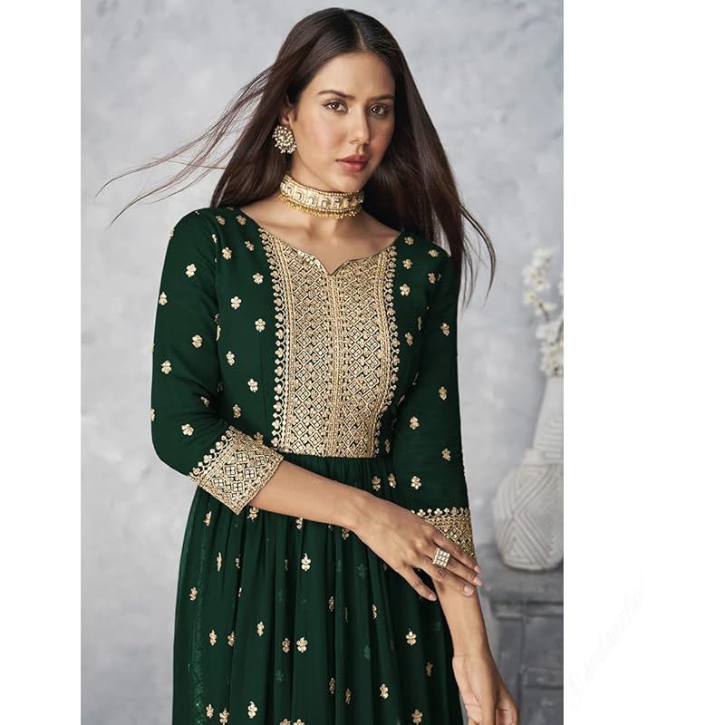 Xomantic Fashion Women's Ethnic Wear Nyra Cut Embroidery Kurti Plazzo and Dupatta (Large, Green)