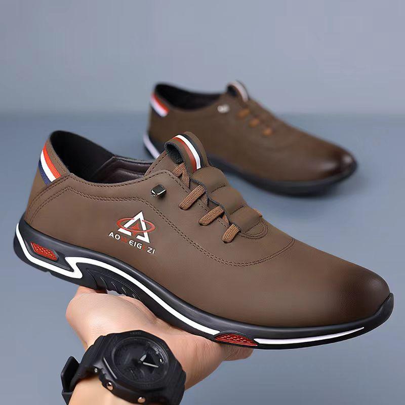 

Spring men s casual leather shoes comfortable soft sole windproof business leather shoes Doudou shoes men s shoes 44 коричневый