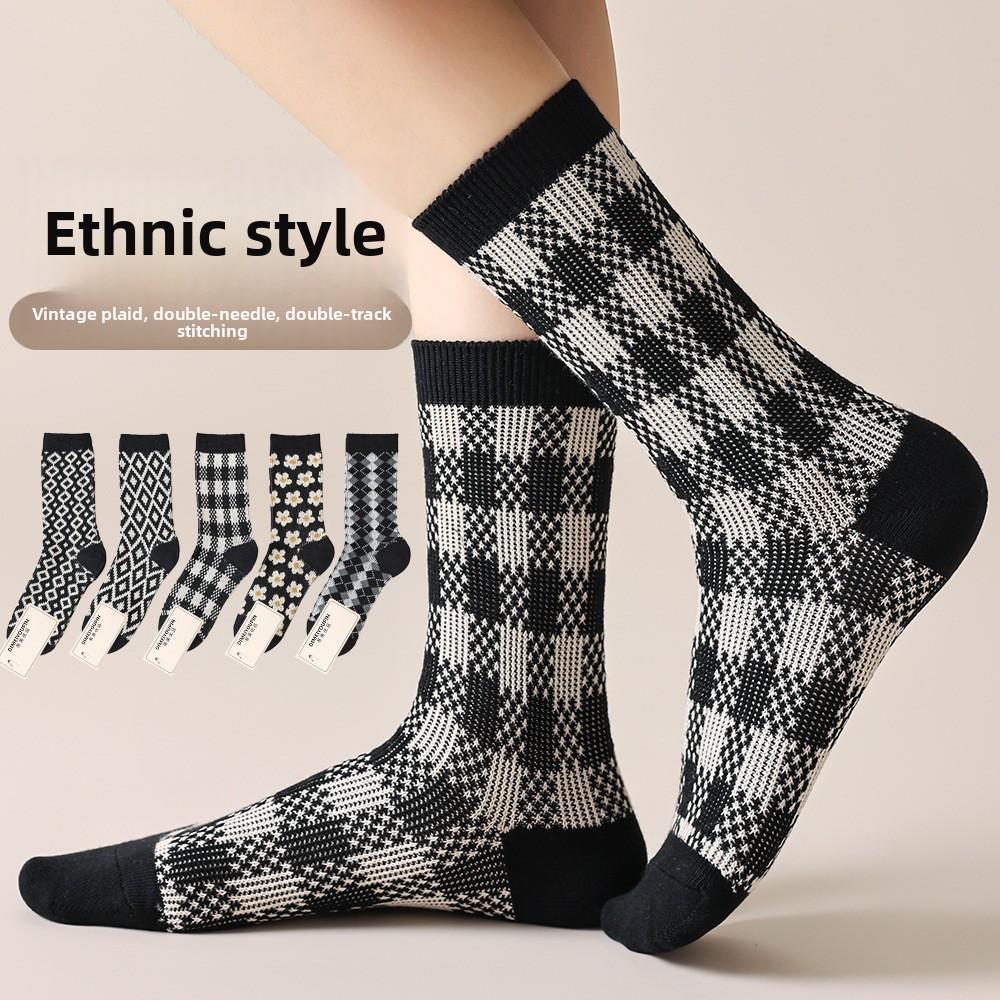Breathable Mid-calf Socks, Sporty Retro Artistic Pile Socks for Autumn and Winter