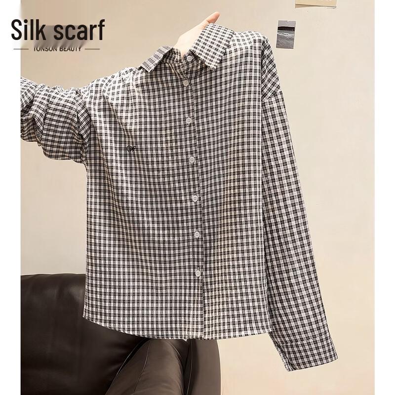 Women s Plaid Lapel Long Sleeve Shirt M