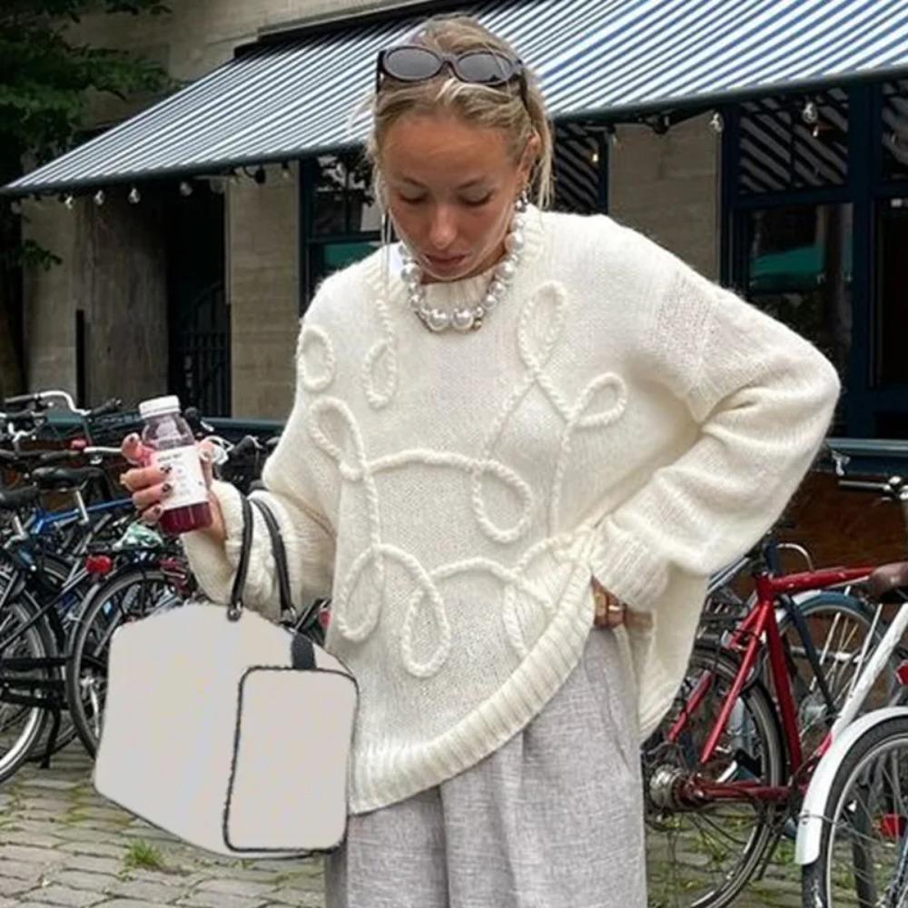 TRA&F Fashion Casual Pullovers For Women Solid Color Round Neck Long Sleeve Knitted Sweater Loose Female 2024 Autunn Winter New