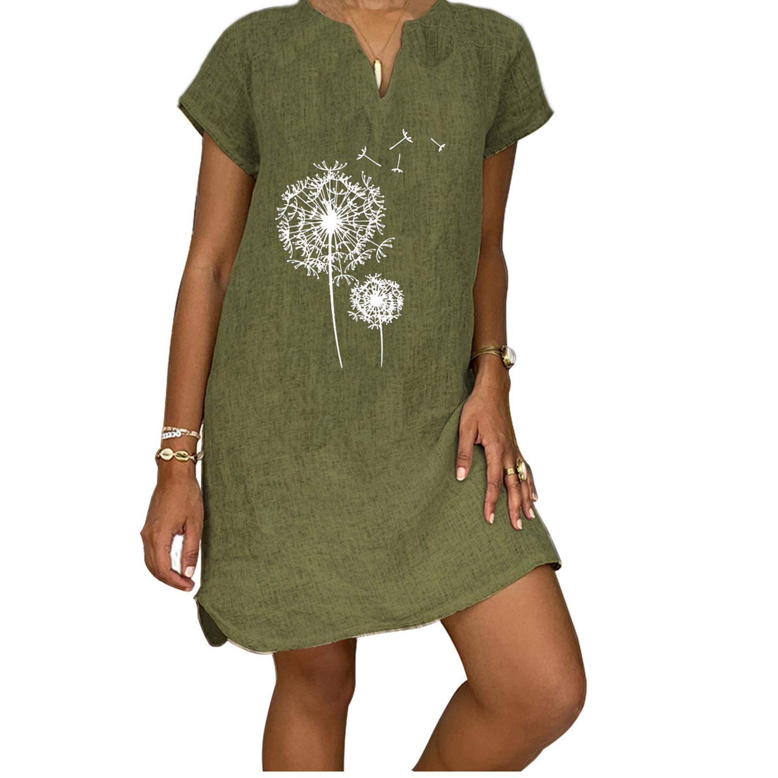 

Женское летнее повседневное модное свободное хлопковое льняное платье с короткими рукавами и v-образным вырезом с принтом одуванчика XL зелёный