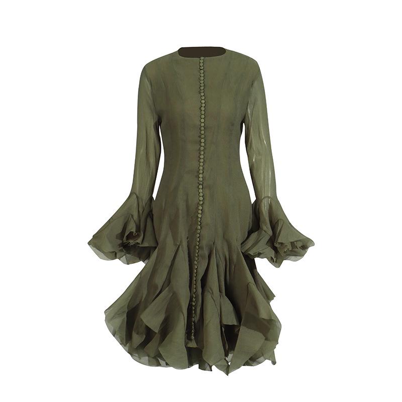 2025 Summer Women's Ruffle Design Waist-Slimming Flared Sleeve Dress