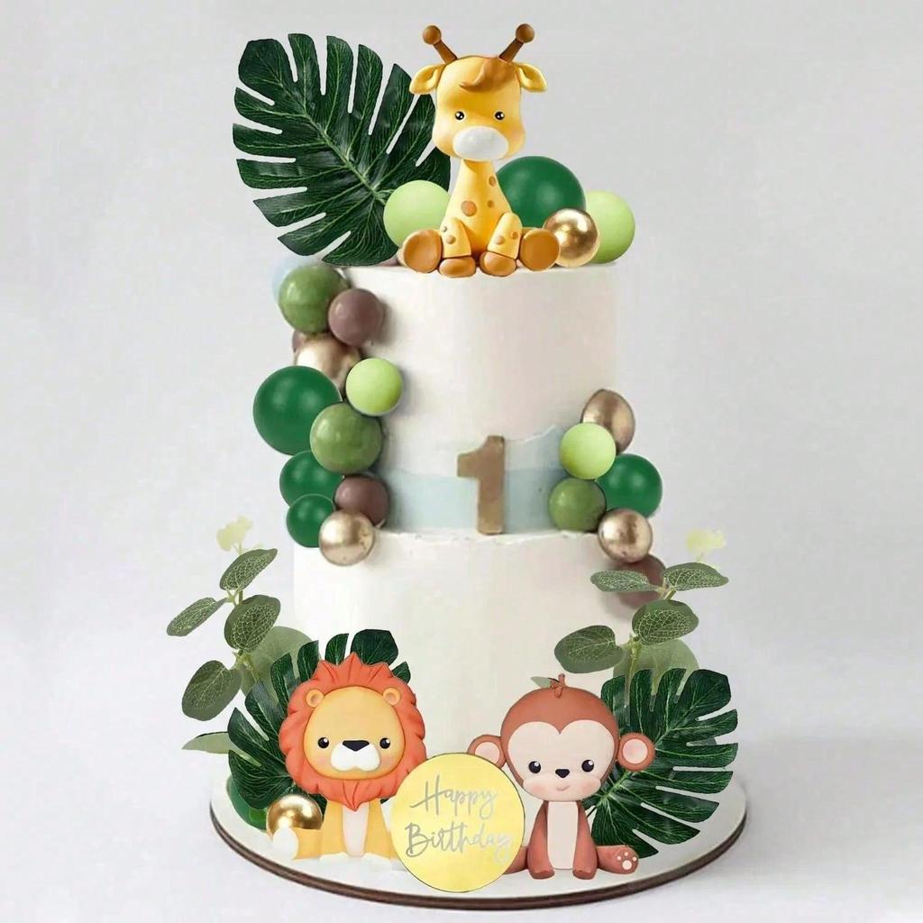 20pcs/set Jungle Safari Animal Cake Topper With Colourful Balls Plam Leaves Cake Decoration for Wild Theme Birthday Party