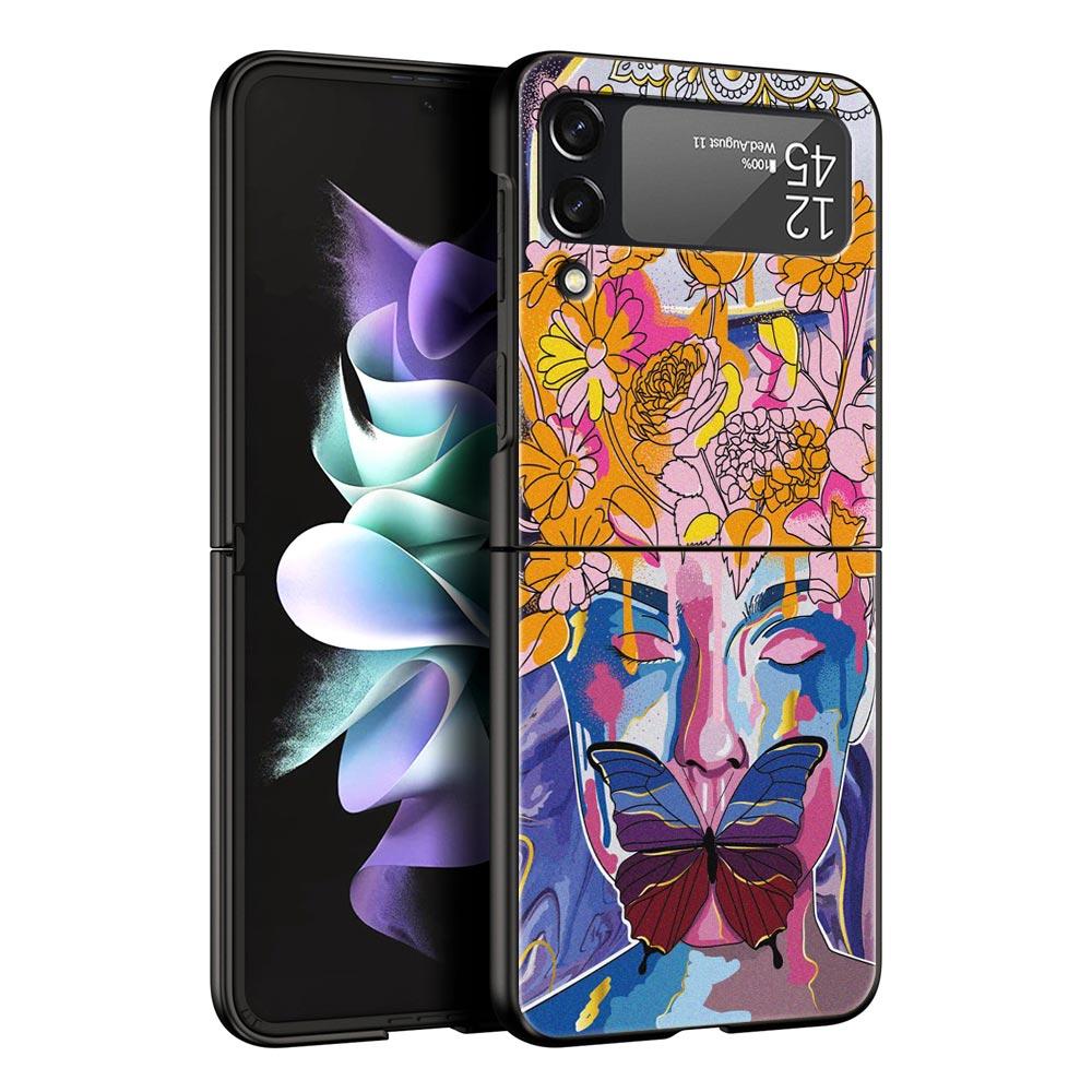 Paris Art Blue Butterfly Girl Flower Phone Case for Samsung Galaxy Z Flip 3 4 5 Black Folding Mobile Shell Hard Protect Cover
