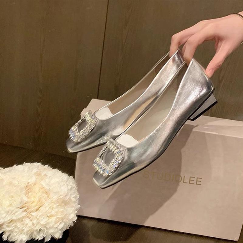 2025 spring new rhinestone square head light mouth silver flat-soled single shoes fairy soft leather temperament commuter women's shoes