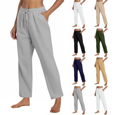 Women's Fashion Solid Color Cotton And Linen Loose Drawstring Pocket Wide Leg Pants Casual Pants