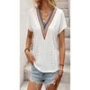 Women Ethnic Vacation Style Jacquard Lace Patchwork V Neck Batwing Short Sleeve Top