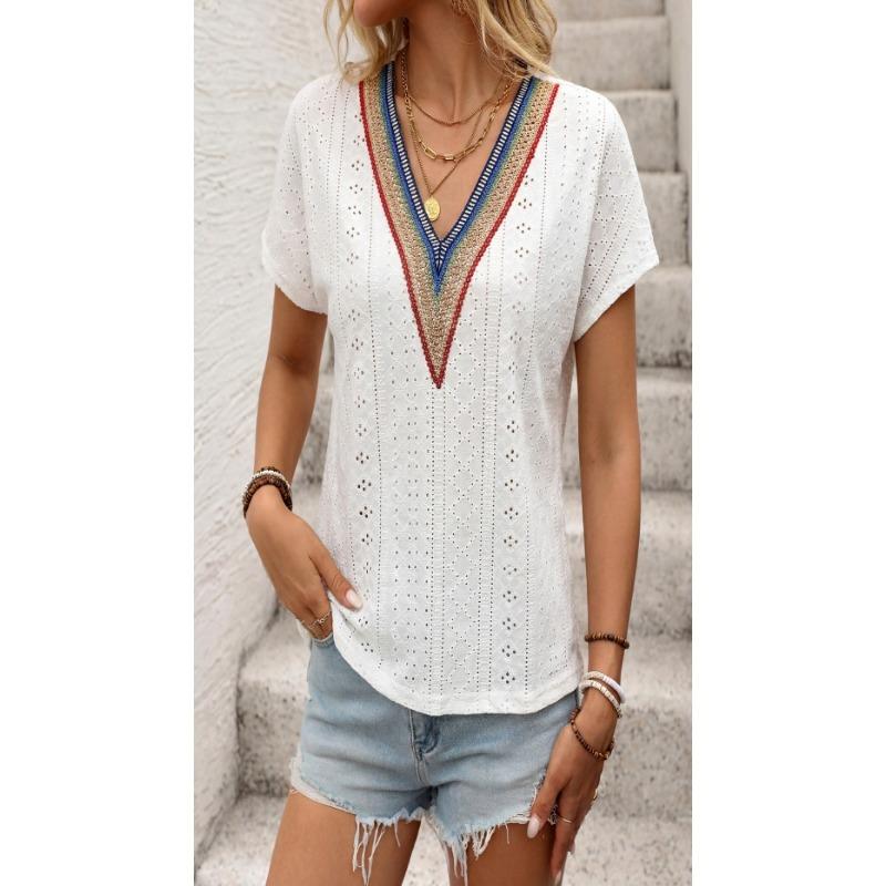 Women Ethnic Vacation Style Jacquard Lace Patchwork V Neck Batwing Short Sleeve Top