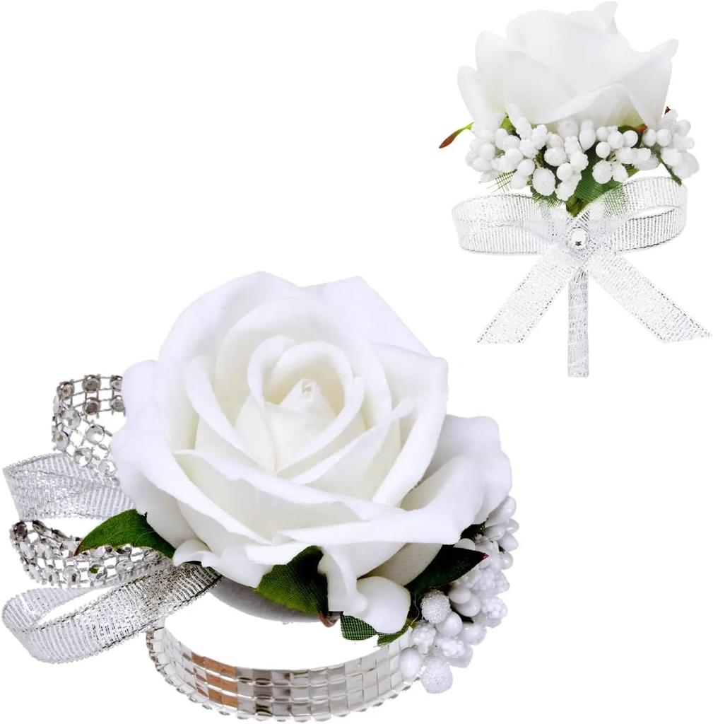 6pcs White Pink Corsage and Boutonniere Set Artificial Rose Wristlet Suit Flower for Men Wedding Party Prom Decoration