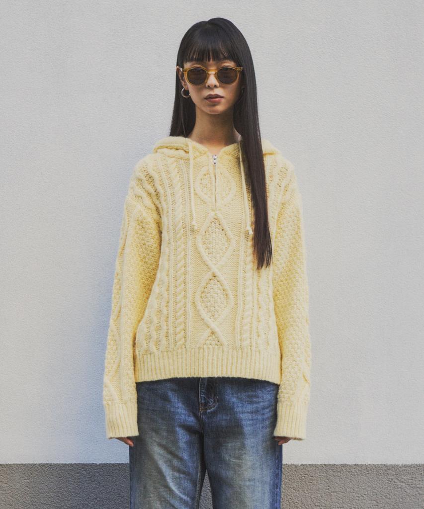 CITTA Mohair Cable Knit Half-Zip Hoodie_Ctk206 (Lemon Yellow)