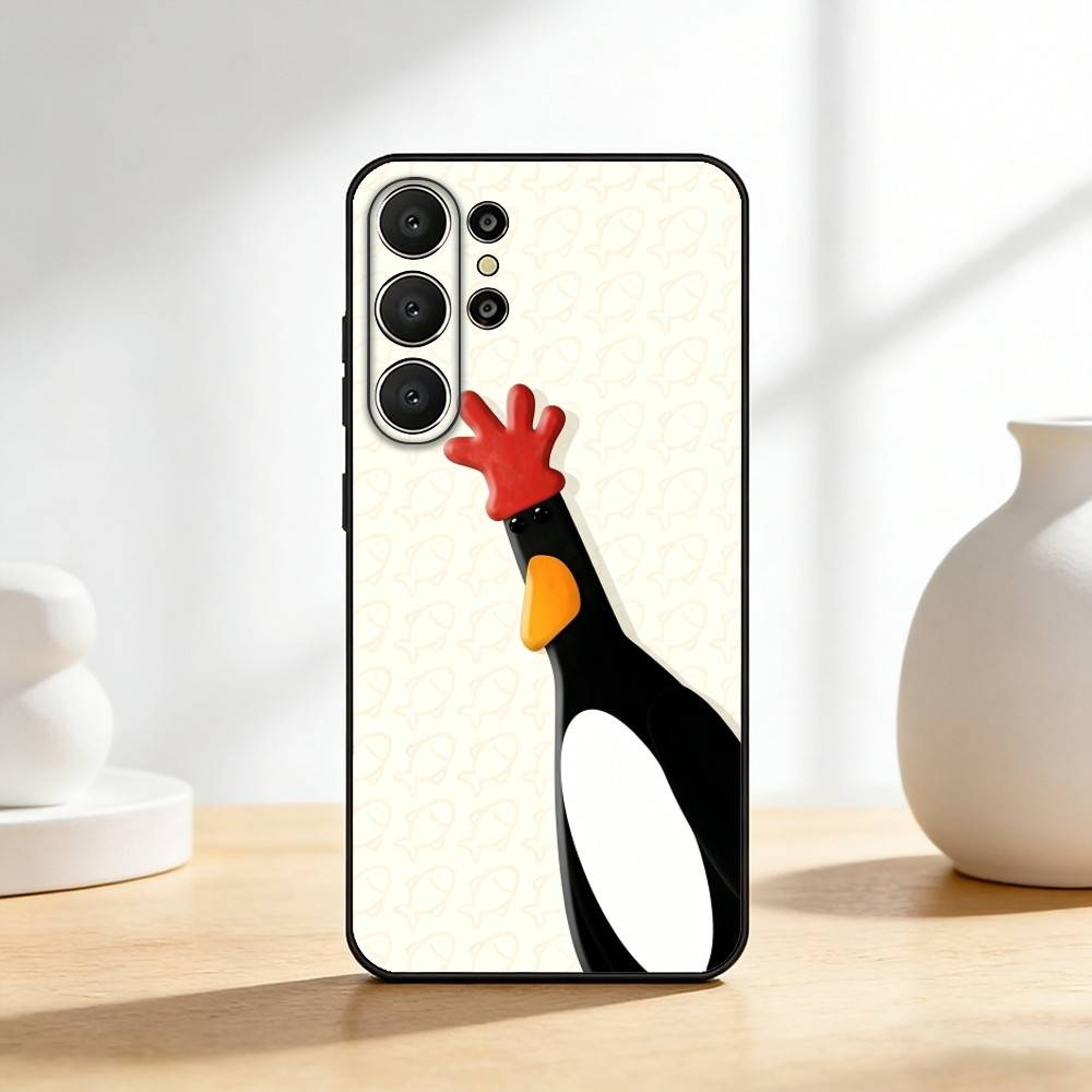 Cute Retro Villain Penguin Phone Case For Samsung S26,S25,24,23,22,30,21,10,9,Ultra,Plus,Lite,FE Soft Black Case